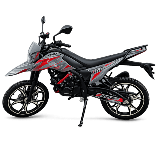 Sport motorcycle with red and silver graphics, parked on its kickstand, side view