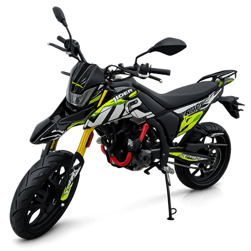Black sport motorcycle with neon yellow graphics and a red frame brace on its kickstand.